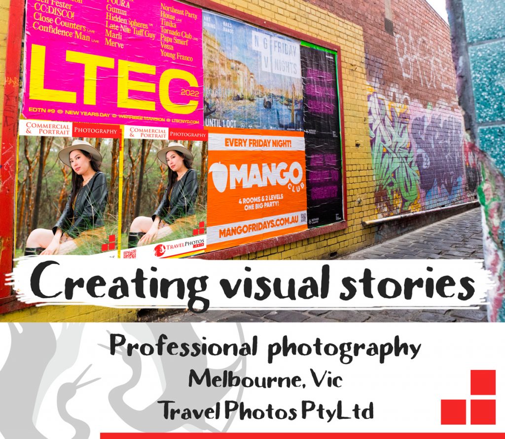 A photo of Travel Photos poster with other street ads in a Melbourne laneway